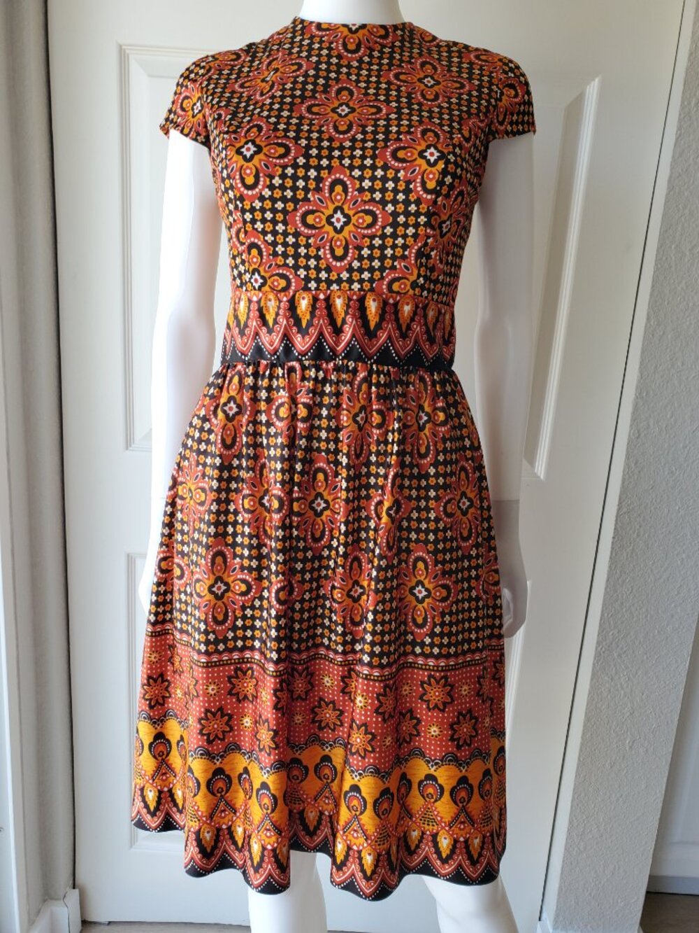 Vintage 70's Orange & Brown Pattern Midi Dress